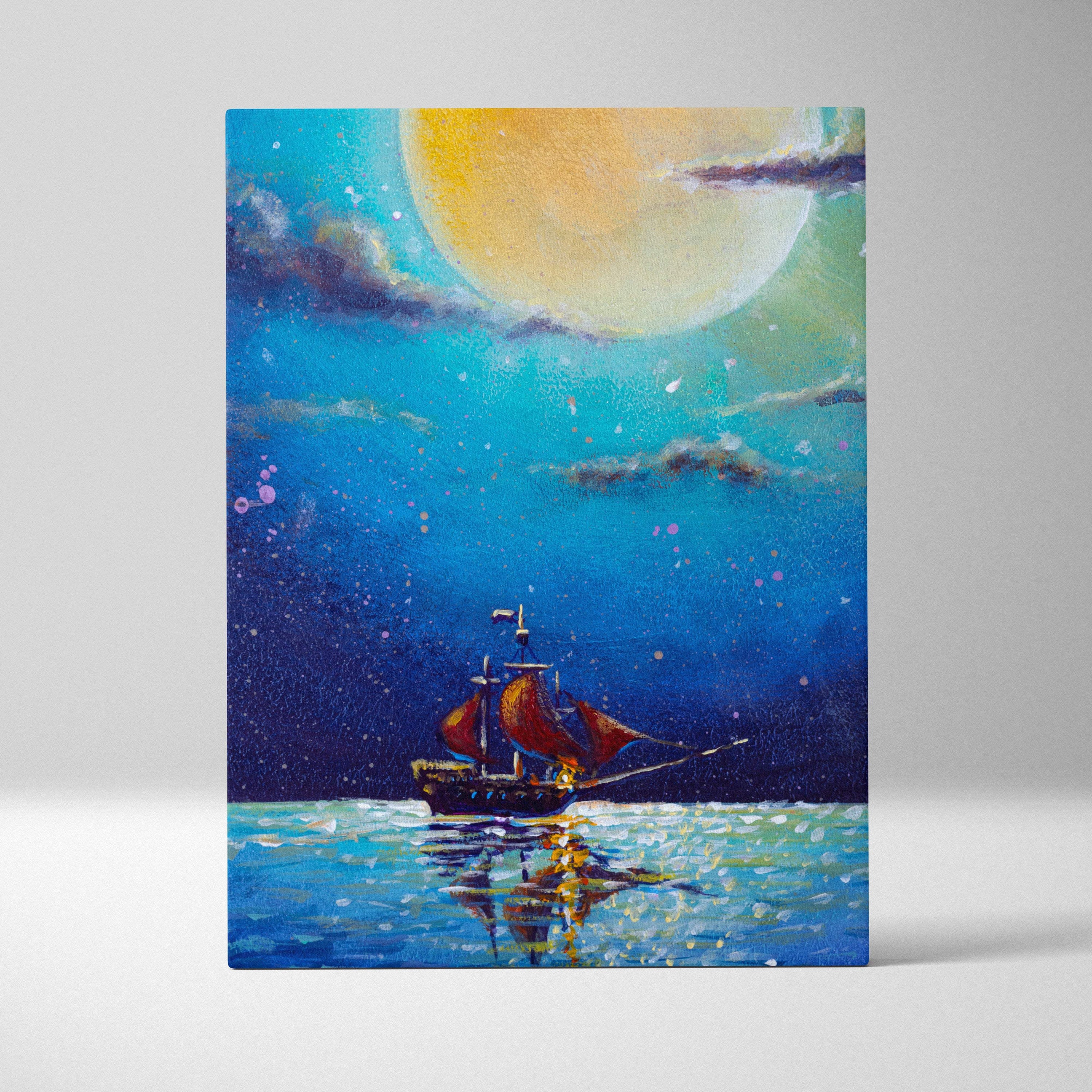 A vibrant canvas painting of a ship with red sails sailing under a glowing yellow moon in a deep blue night sky