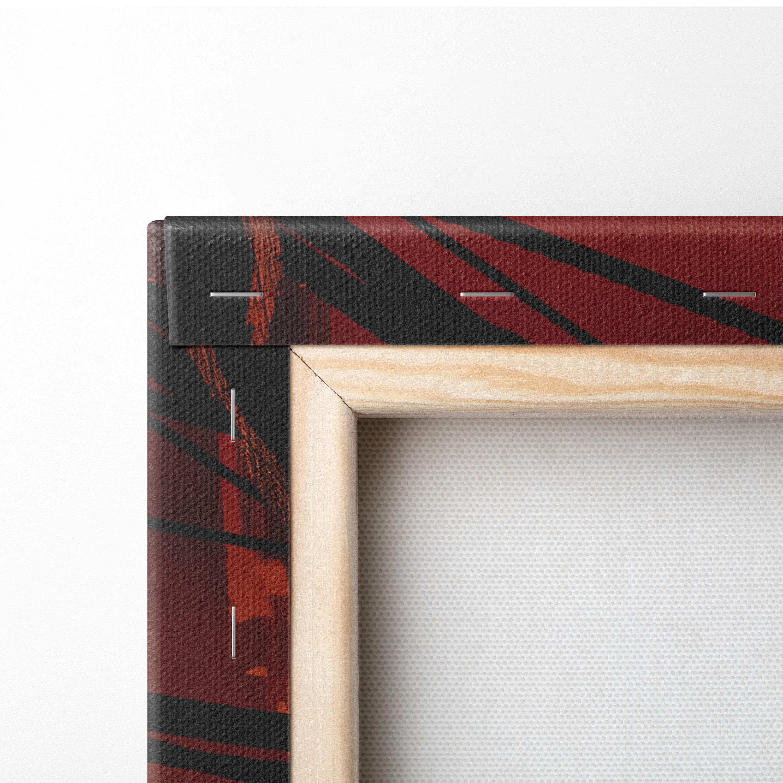 A canvas print of cyberpunk apocalypse warrior art with bold red and black brushstrokes in a light wood frame