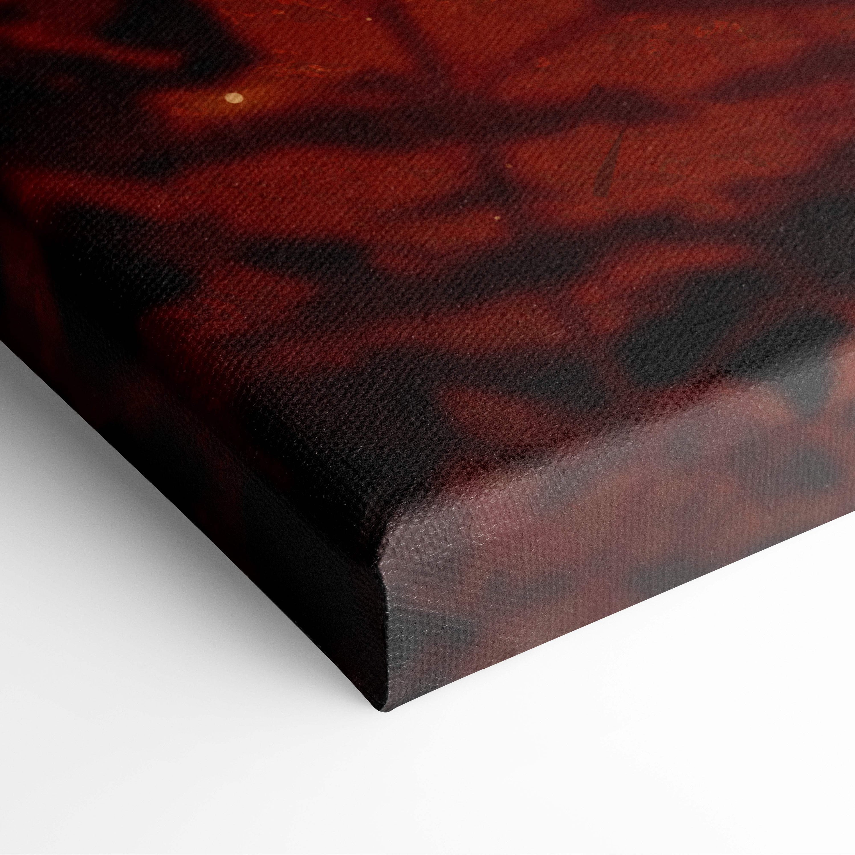 A canvas print featuring a rich swirling pattern of deep red and black in cyberpunk apocalypse warrior art