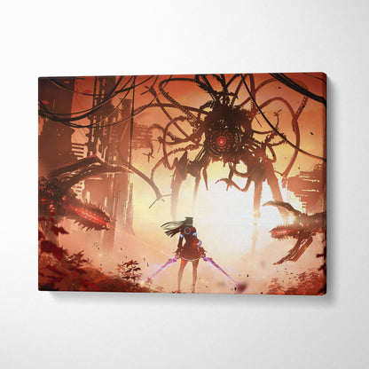 Cyberpunk apocalypse warrior canvas art of a futuristic girl with dual purple energy blades vs giant mech monster