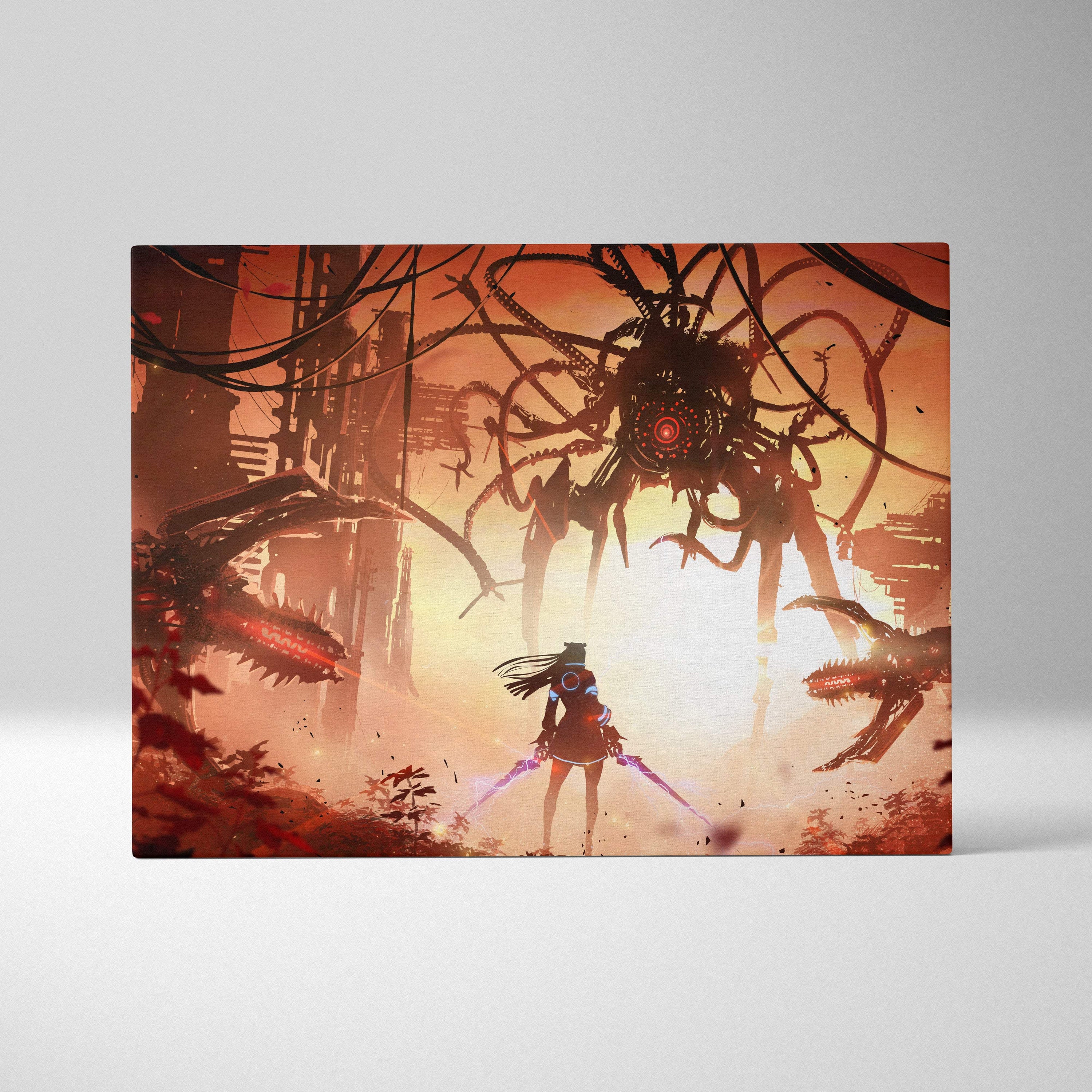A rectangular canvas print of a futuristic girl with dual energy blades fighting giant mech monsters under an orange sky