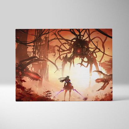 A rectangular canvas print of a futuristic girl with dual energy blades fighting giant mech monsters under an orange sky