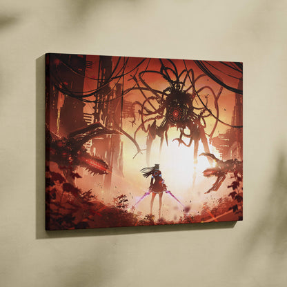 Cyberpunk apocalypse warrior canvas art featuring a futuristic girl with dual energy blades in red and orange hues