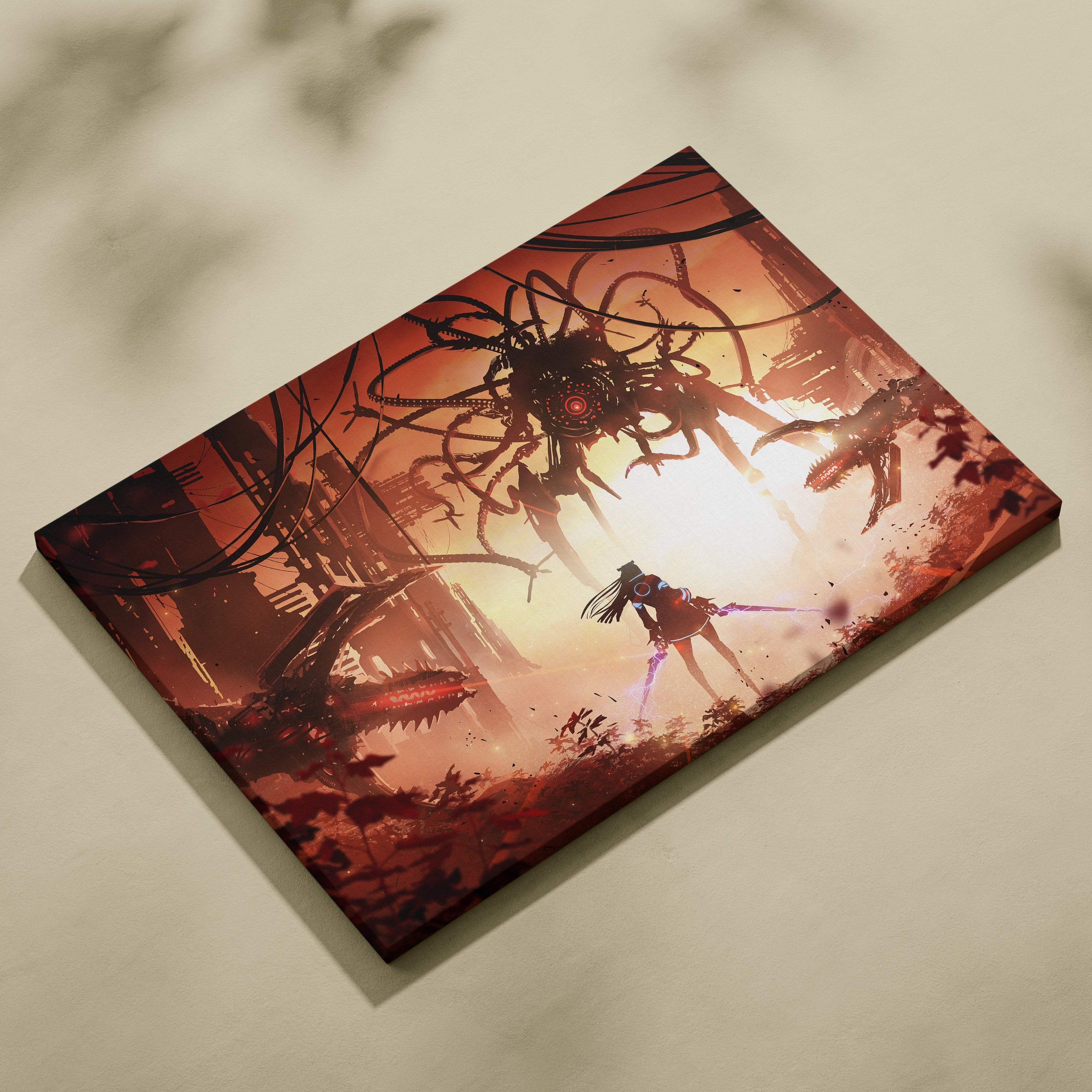 A rectangular canvas print of a futuristic girl with dual energy blades facing giant mech monsters in red sci-fi tones