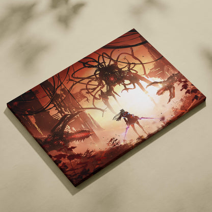 A rectangular canvas print of a futuristic girl with dual energy blades facing giant mech monsters in red sci-fi tones