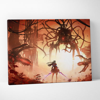 Rectangular canvas print of a futuristic girl with dual energy blades facing a giant biomechanical spider in a red apocalyptic cityscape