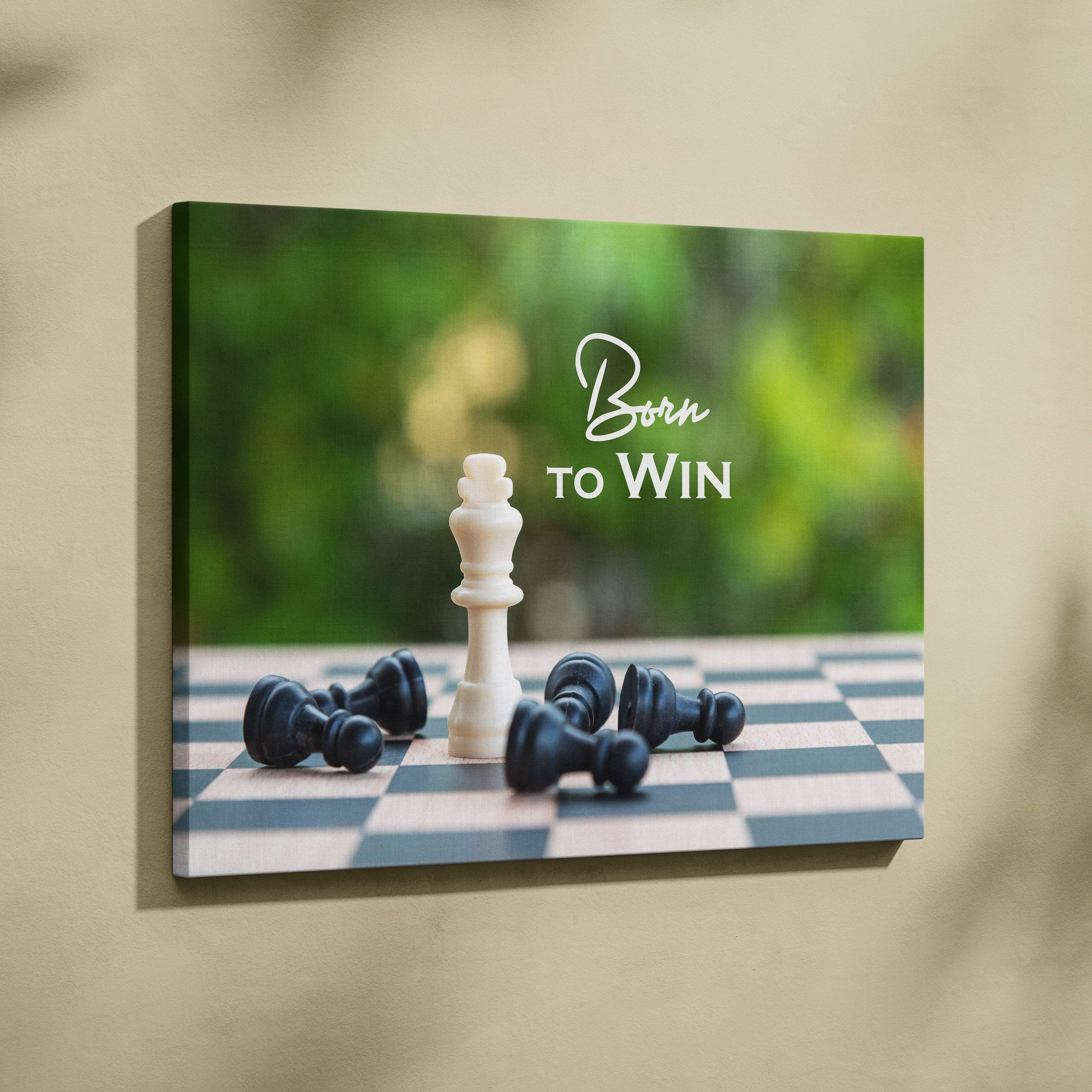 Motivational born to win canvas wall art with white chess king on checkered board for office or game room decor
