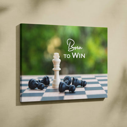 Motivational born to win canvas wall art with white chess king on checkered board for office or game room decor