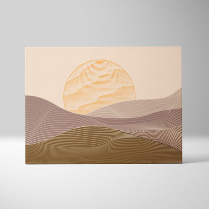Beige canvas wall art featuring a minimalist sun over layered wavy hills in warm earth tones with fine line detailing