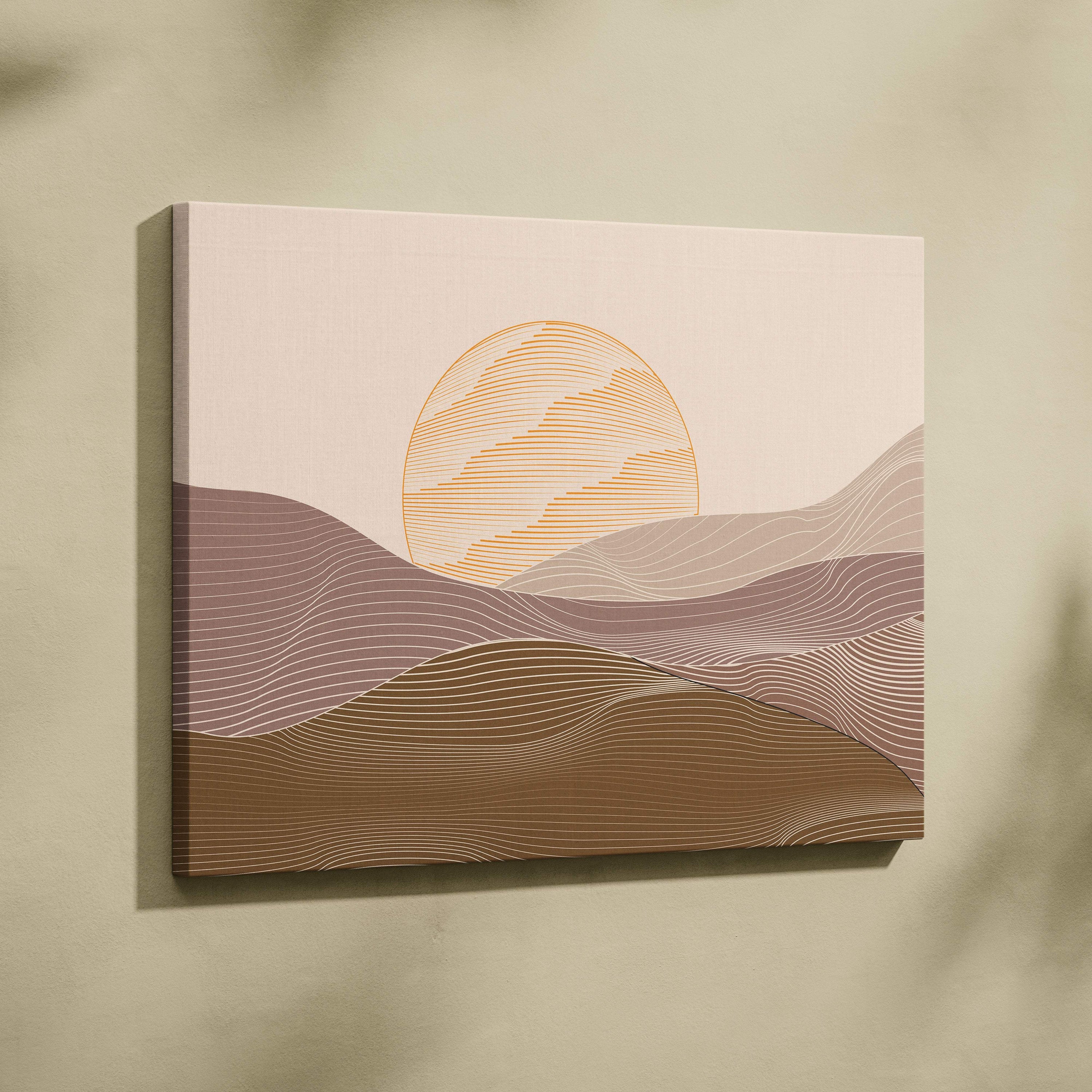 Boho desert sunrise canvas wall art with stylized sun over wavy hills in neutral beige taupe and warm brown tones