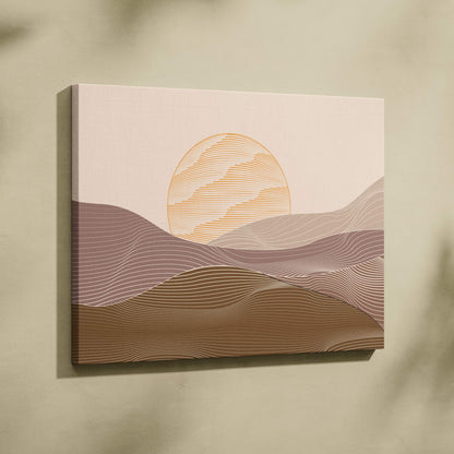 Boho desert sunrise canvas wall art with stylized sun over wavy hills in neutral beige taupe and warm brown tones