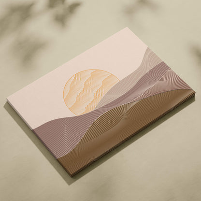 Boho desert sunrise canvas wall art with minimalist beige mauve and brown layered wavy lines and sun over hills