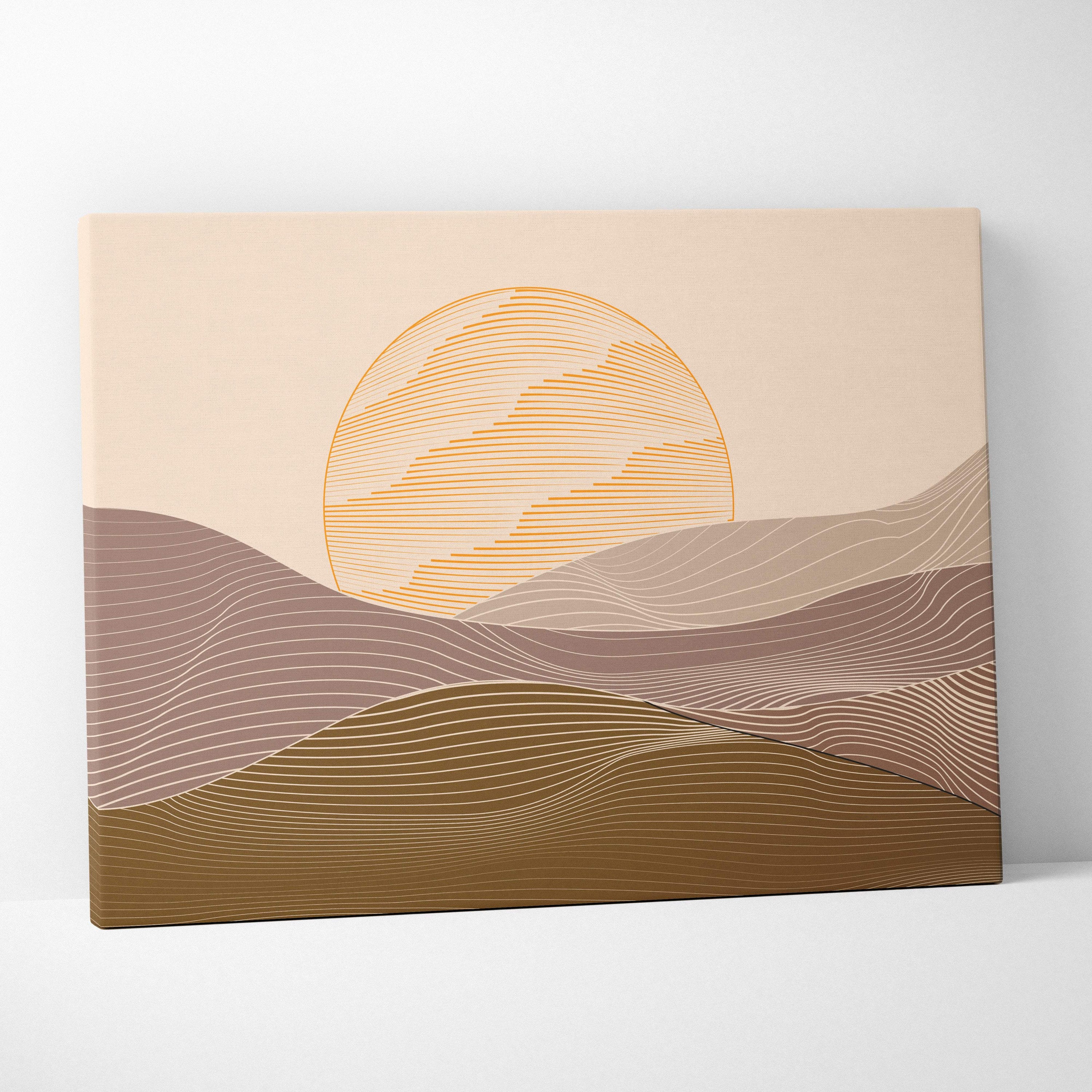 Minimalist boho desert sunrise canvas wall art with stylized sun and wavy hills in neutral beige taupe and warm brown tones
