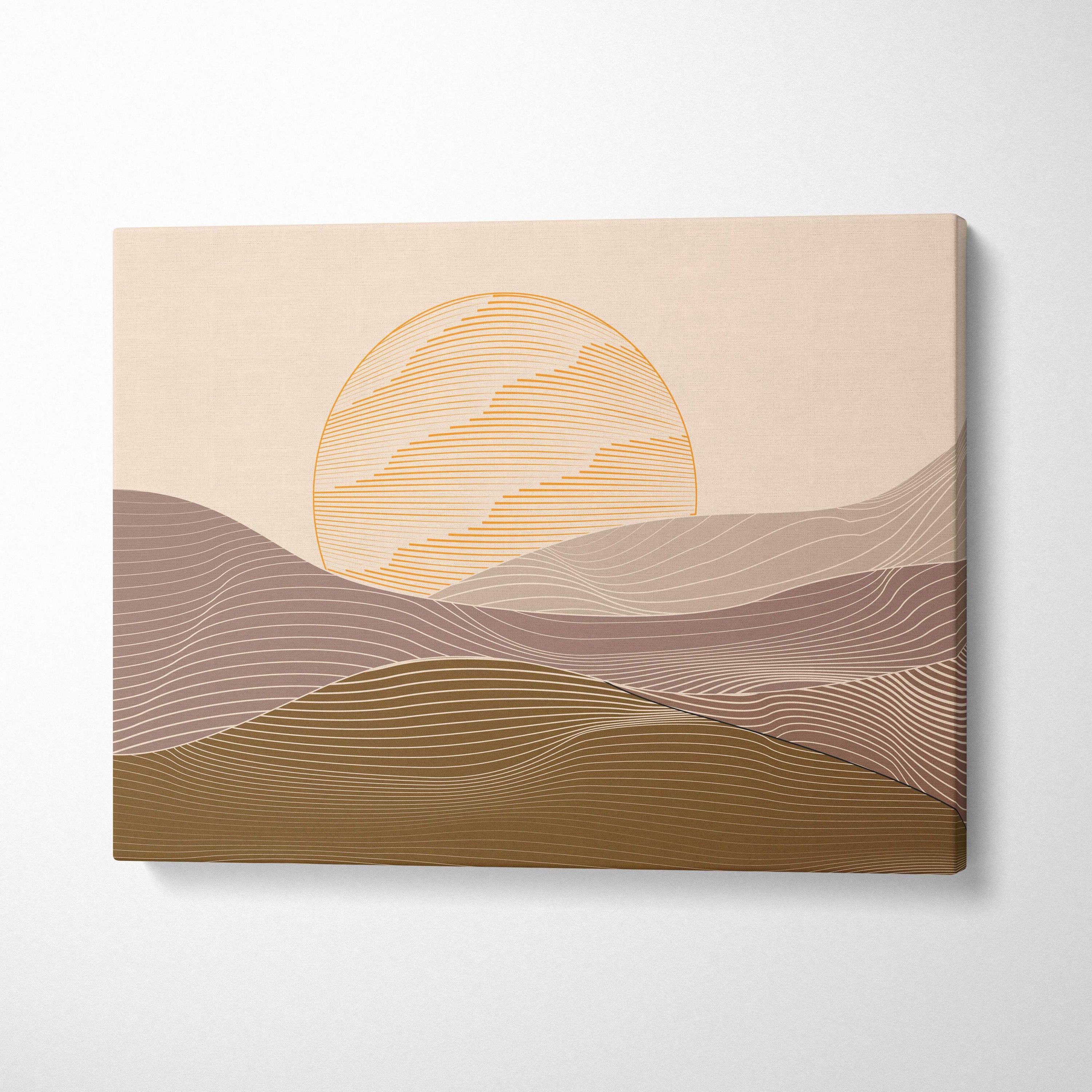 Beige canvas print featuring minimalist sun over layered wavy hills in warm earth tones with golden lines for boho decor