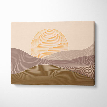 Beige canvas print featuring minimalist sun over layered wavy hills in warm earth tones with golden lines for boho decor