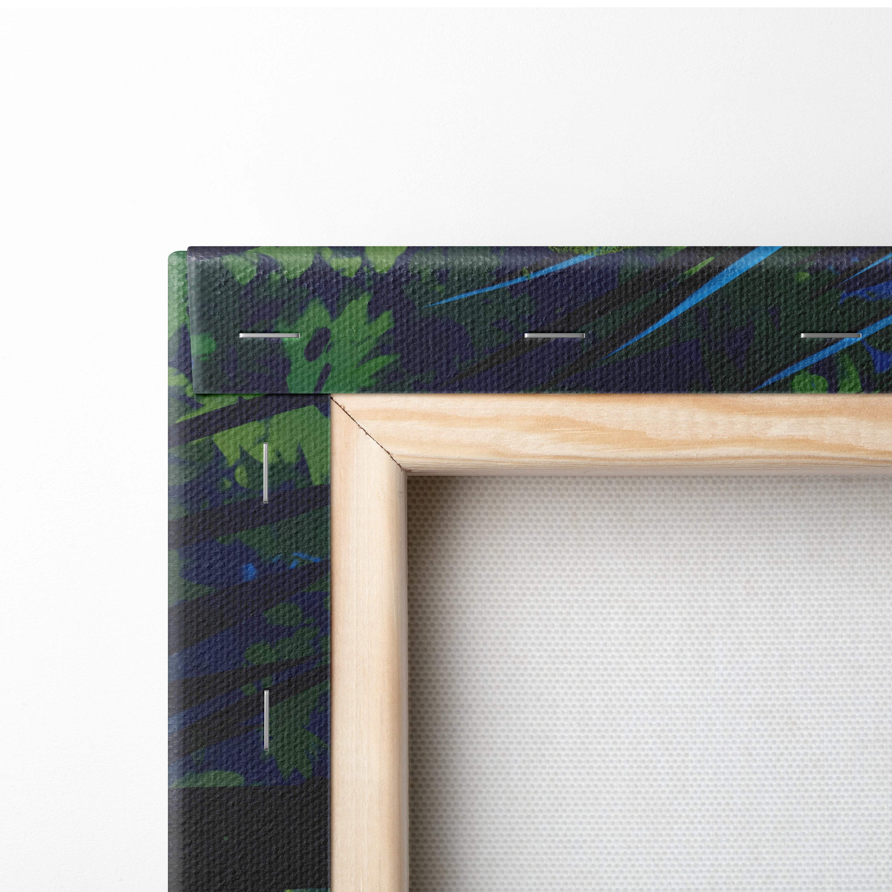 Moonlit dragon encounter canvas art featuring vibrant green and blue abstract design framed in light wood