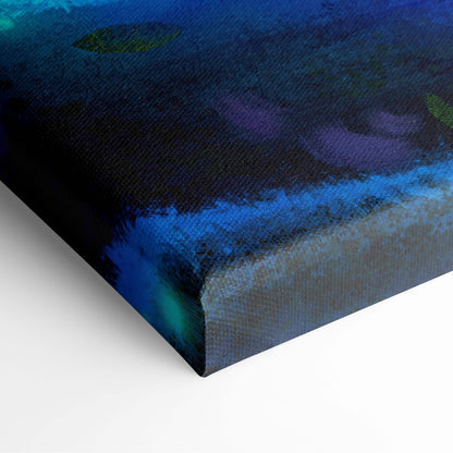 Moonlit dragon encounter canvas art with abstract blue purple and green hues on textured canvas mounted on white background