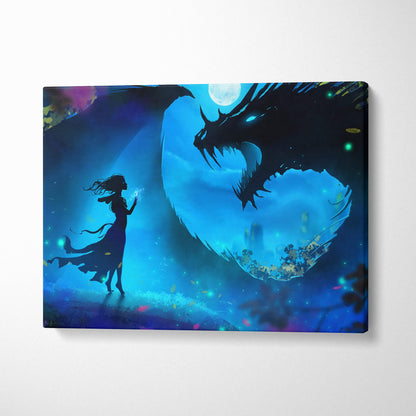 Moonlit dragon encounter canvas art with blue fantasy scene of woman silhouette facing large dragon under full moon