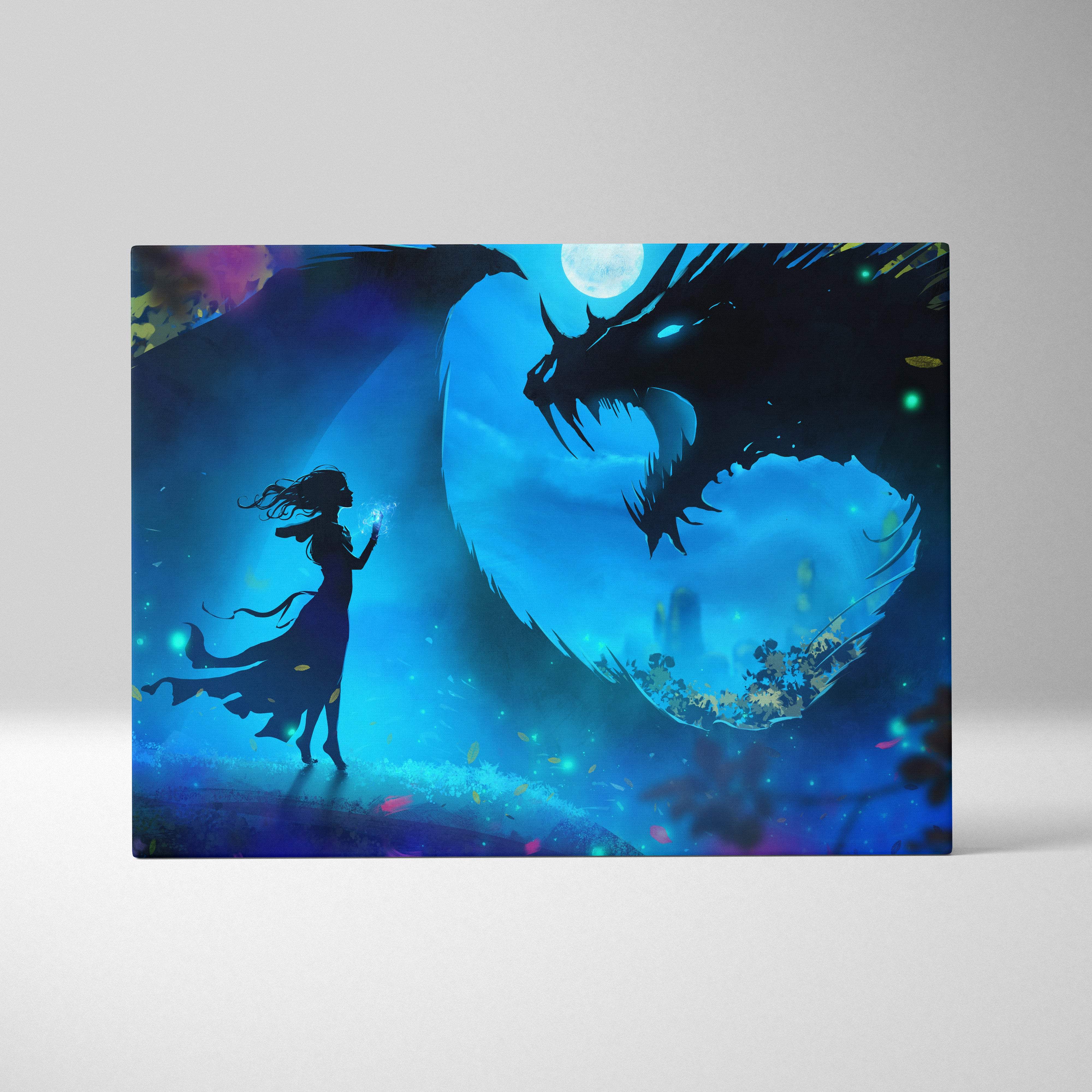 Moonlit dragon encounter canvas art featuring a blue fantasy silhouette of a woman and dragon under a full moon