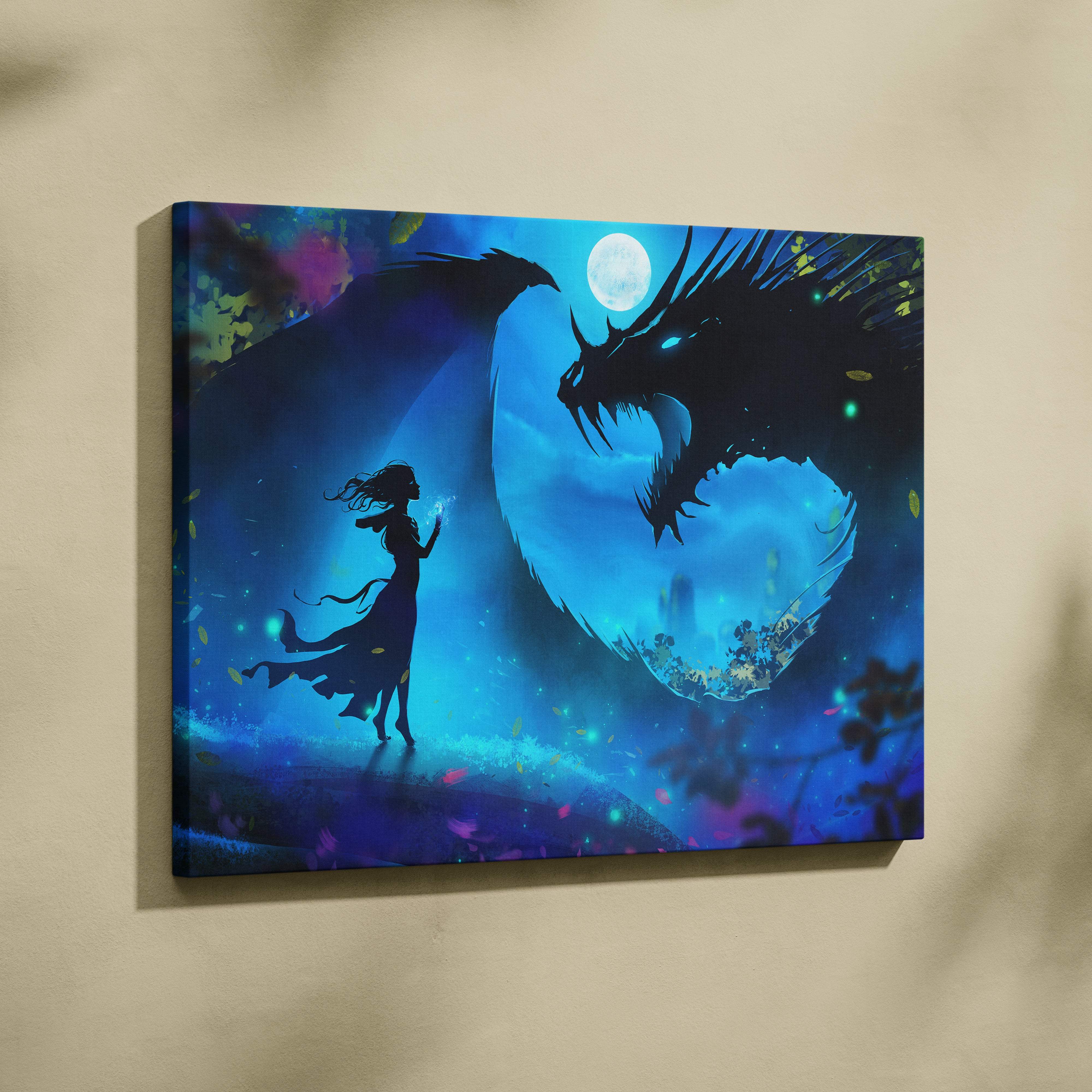 Moonlit dragon encounter canvas art featuring a vibrant blue fantasy scene with a girl and glowing shadow dragon