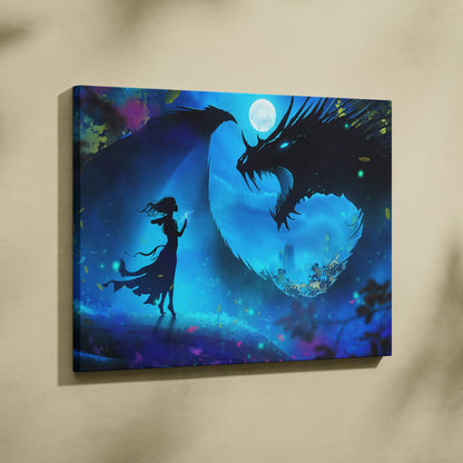 Moonlit dragon encounter canvas art featuring a vibrant blue fantasy scene with a girl and glowing shadow dragon