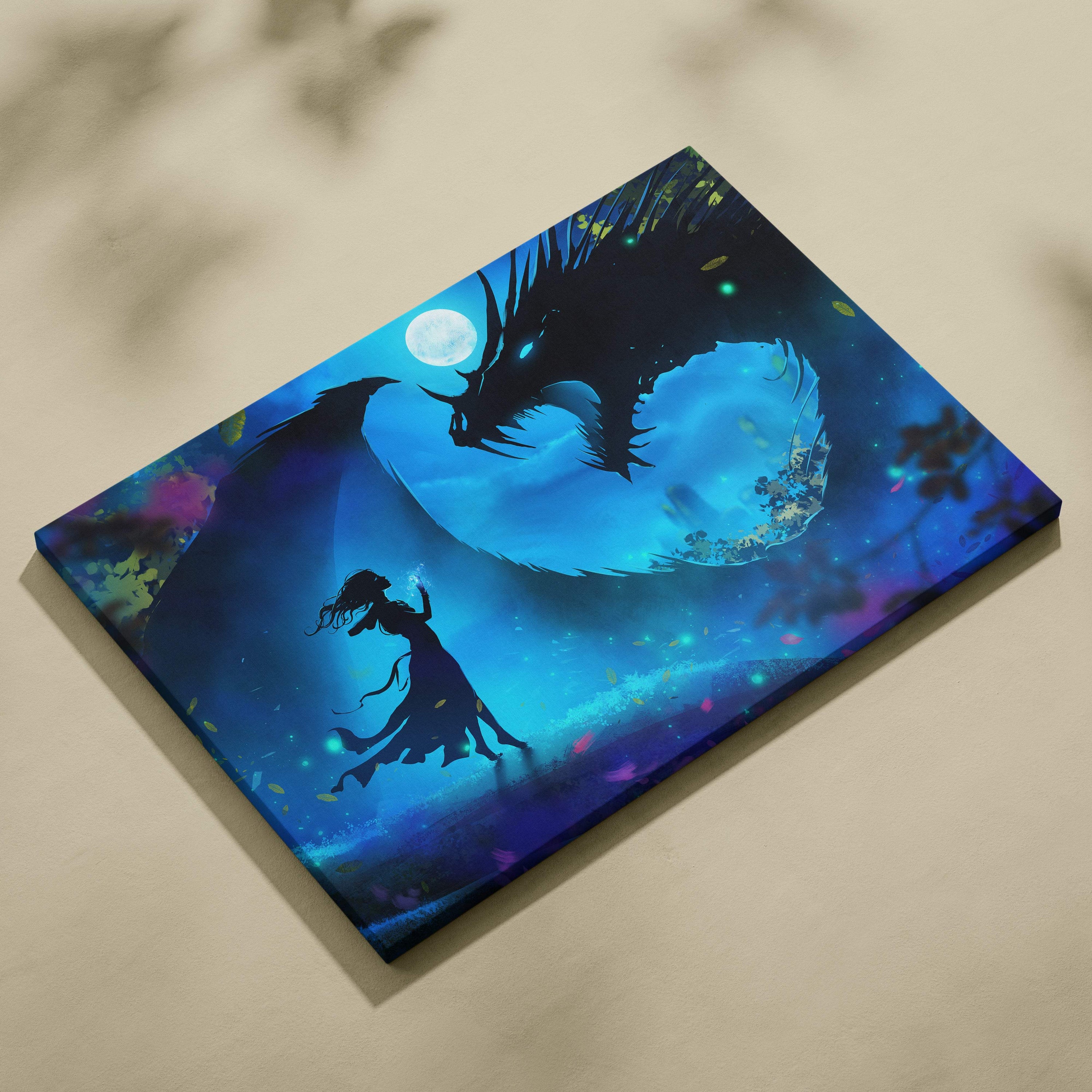 Moonlit dragon encounter canvas art with a blue fantasy scene of a woman facing a dragon under a full moon