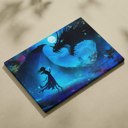 Moonlit dragon encounter canvas art with a blue fantasy scene of a woman facing a dragon under a full moon