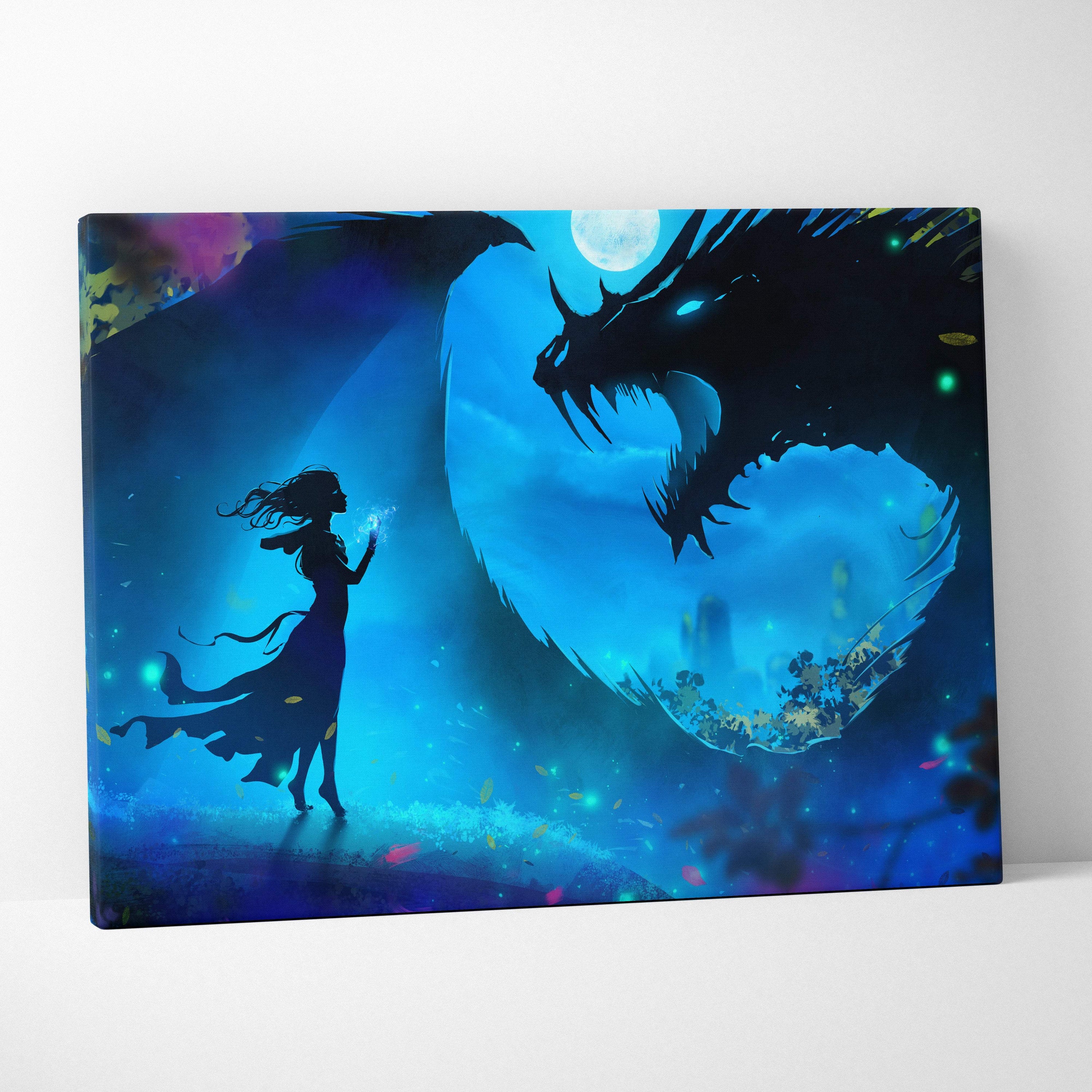A rectangular canvas print of a mystical blue fantasy scene with a girl and shadow dragon under a full moon