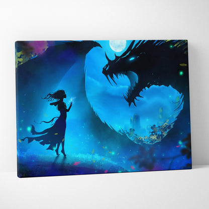 A rectangular canvas print of a mystical blue fantasy scene with a girl and shadow dragon under a full moon