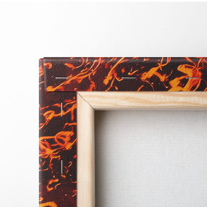 Fiery rock guitarist canvas art with fiery orange and black abstract design in light wood frame for electric music fans