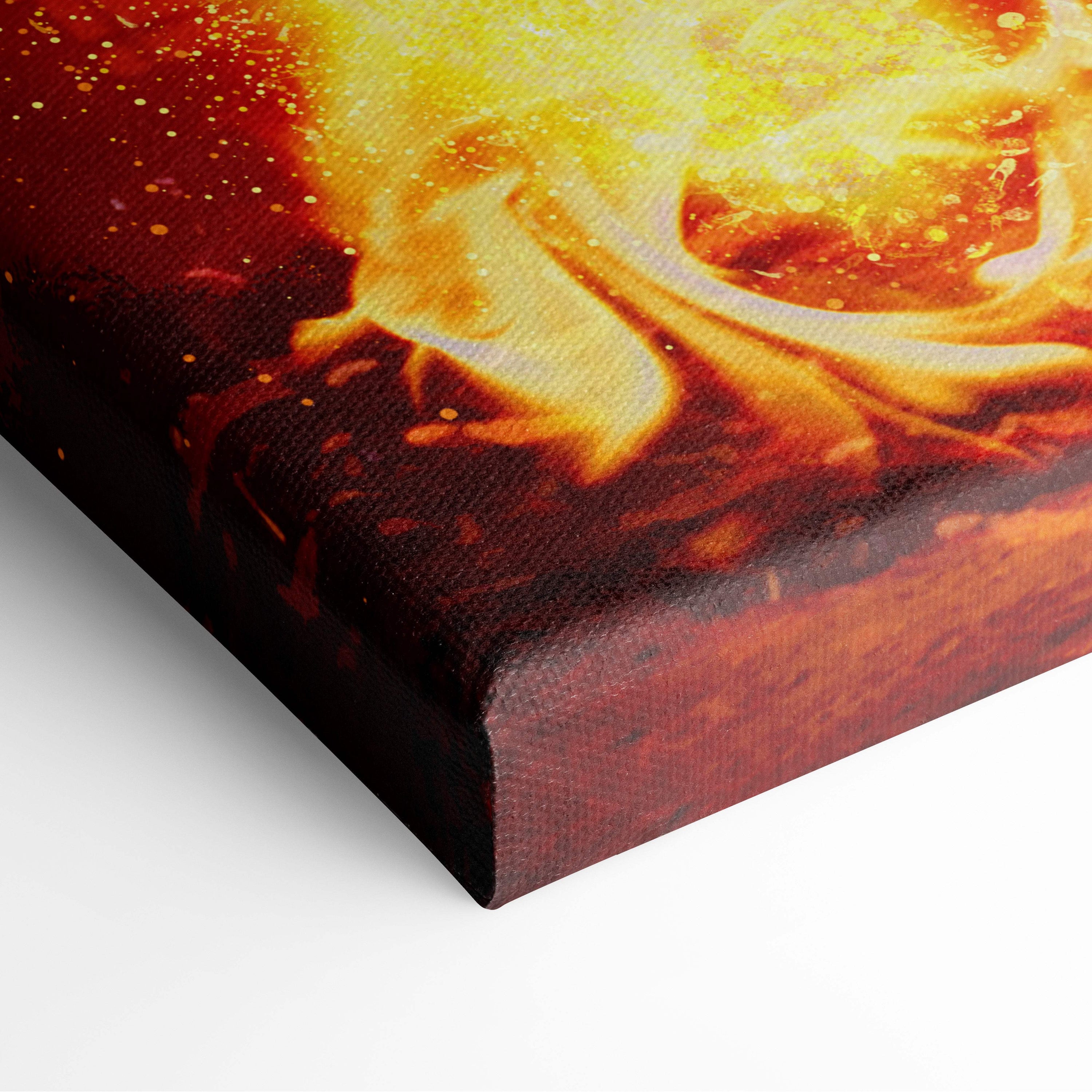 A vibrant canvas print of fiery orange and yellow swirling flames on a dark textured background for music decor