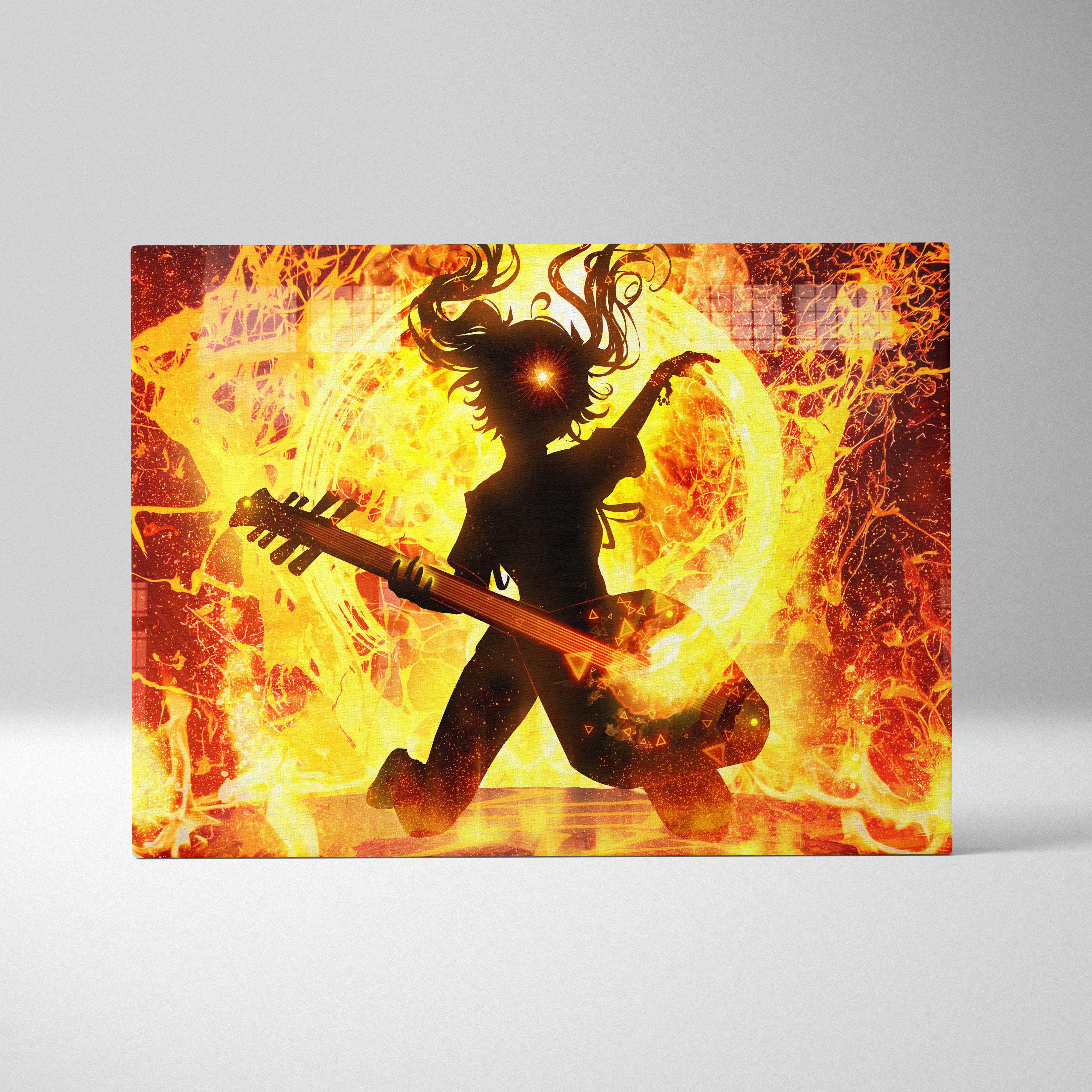 Fiery rock guitarist canvas art with vibrant orange and yellow neon flame silhouette on bold red orange background
