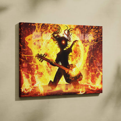 Fiery rock guitarist canvas art with vibrant orange and yellow flame-themed anime-style electric guitar silhouette