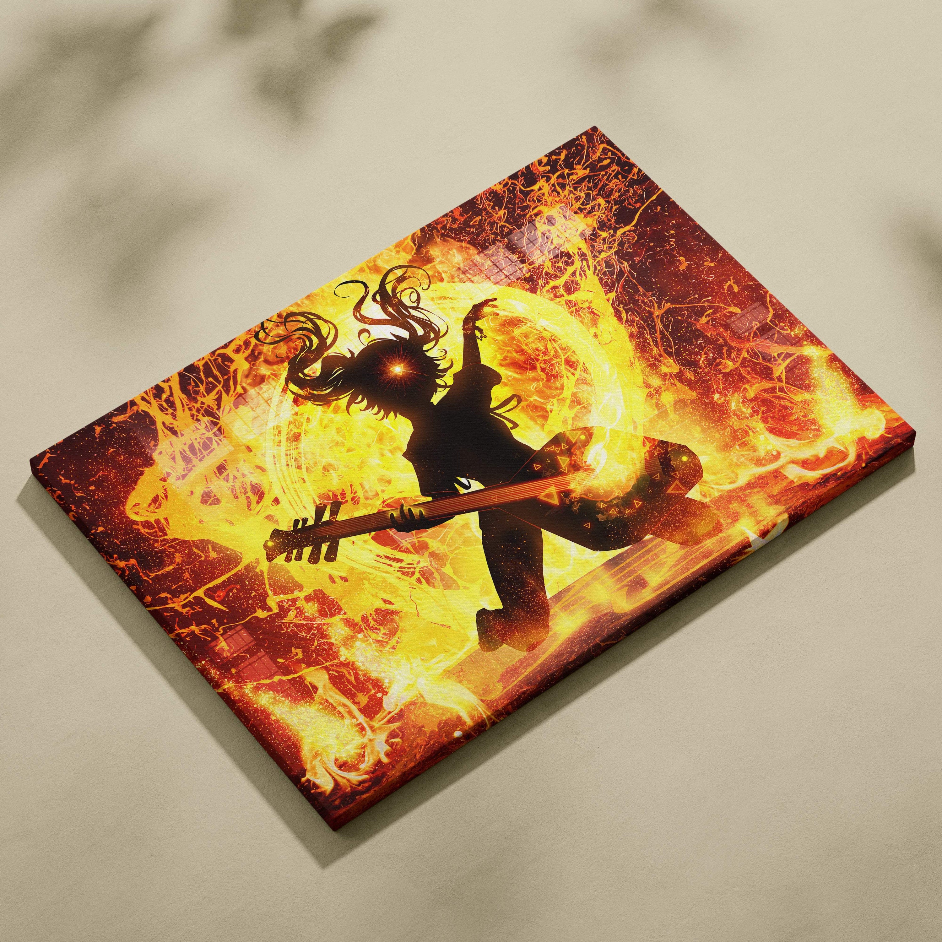 Vibrant canvas print of anime-style guitarist silhouette with fiery orange and yellow flames for electric music energy wall art