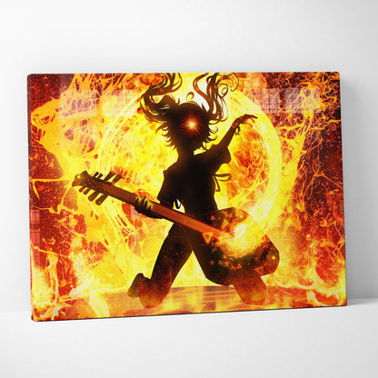 Fiery rock guitarist canvas art featuring a vibrant orange and yellow flame-themed anime-style guitarist silhouette