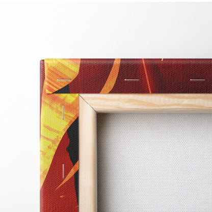 Fire sorceress canvas print with bold red orange and yellow brushstrokes in a light wood frame for magical wall decor