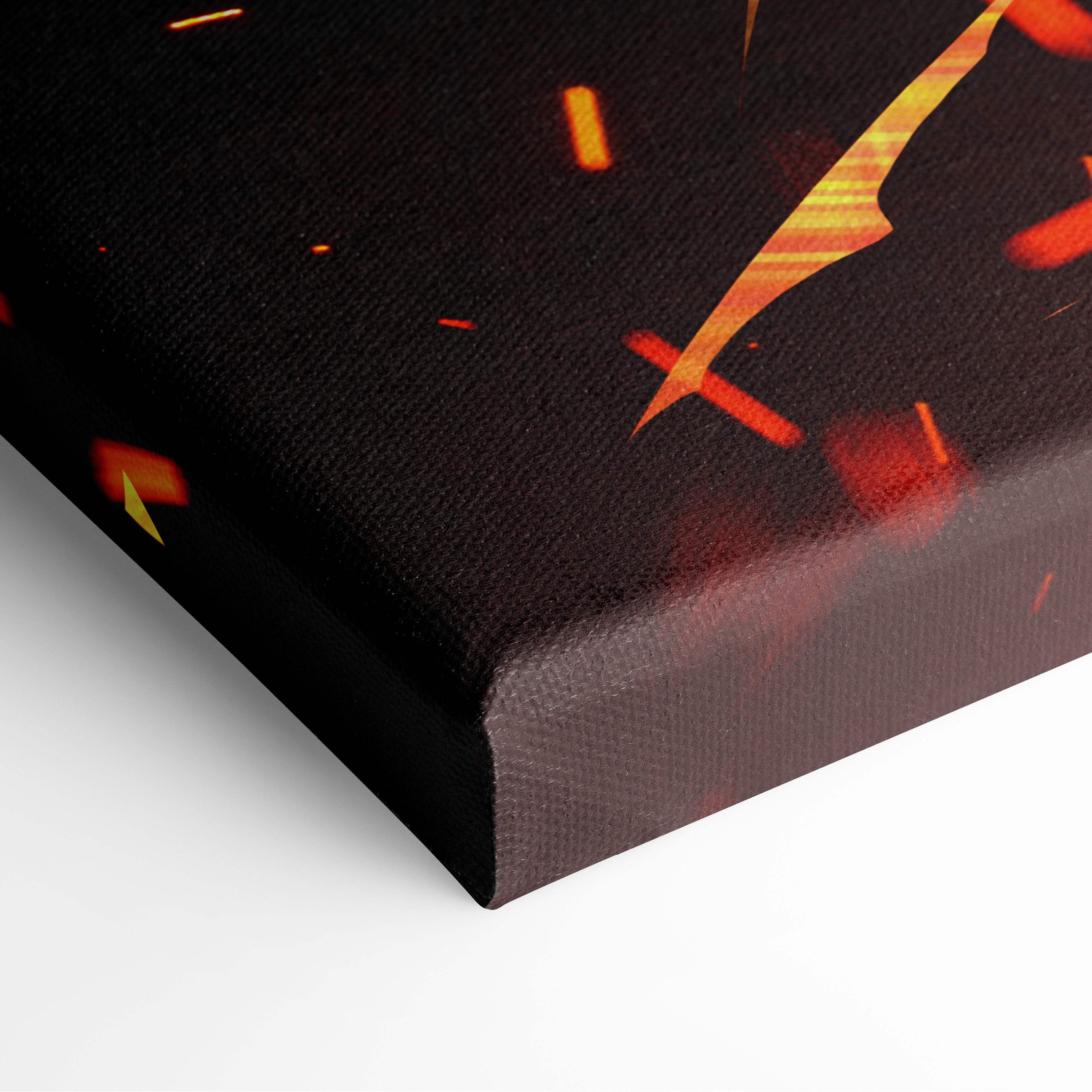 Black canvas print featuring glowing orange and yellow sparks titled fire sorceress fantasy ruins wall art decor