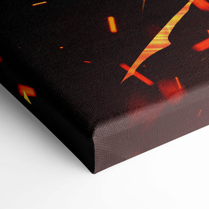 Black canvas print featuring glowing orange and yellow sparks titled fire sorceress fantasy ruins wall art decor