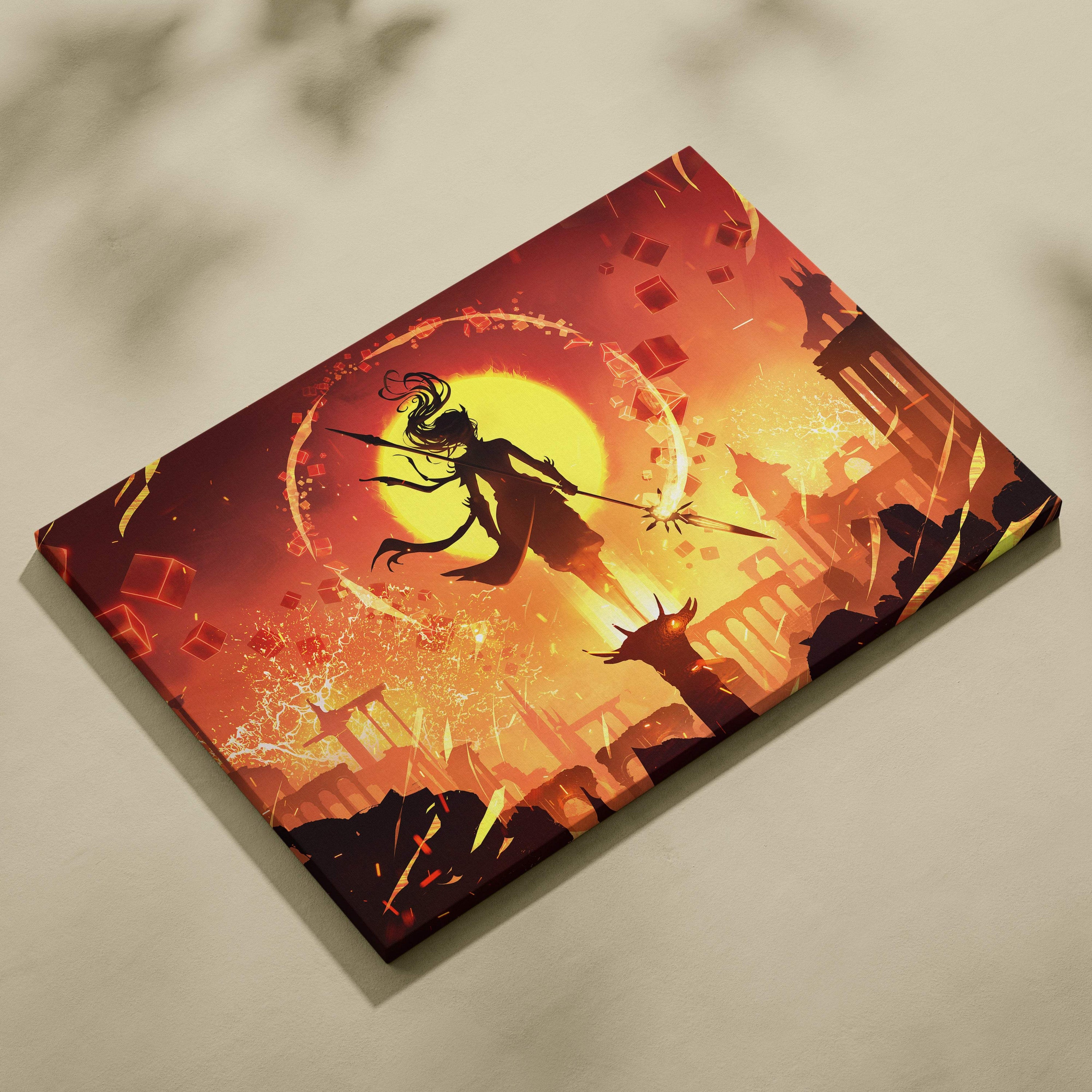 Vibrant orange and red fire sorceress canvas print featuring an anime warrior silhouette against a fiery sunset