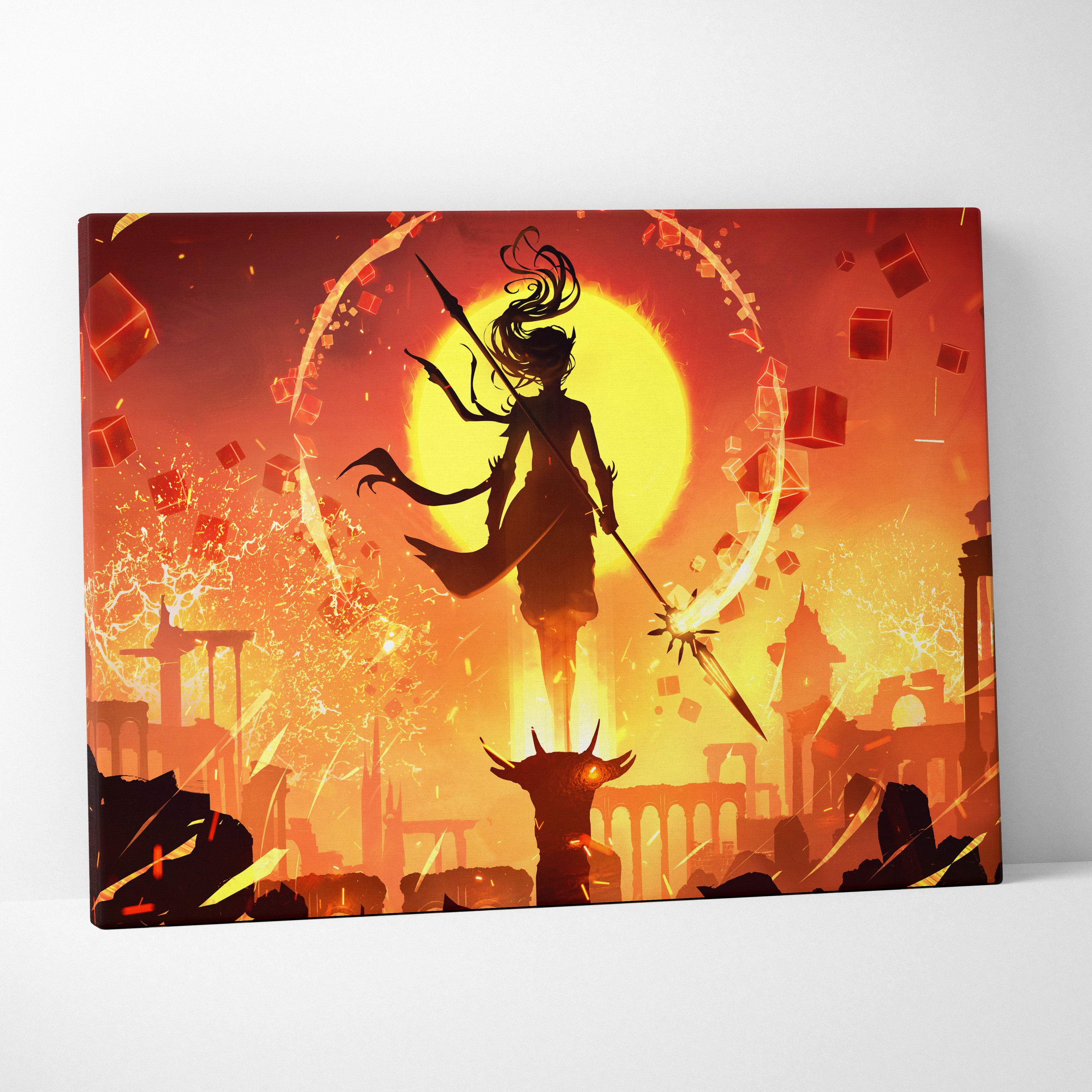 Fire sorceress canvas print showcasing a vibrant orange and red fantasy warrior with spear amid ruins and floating cubes