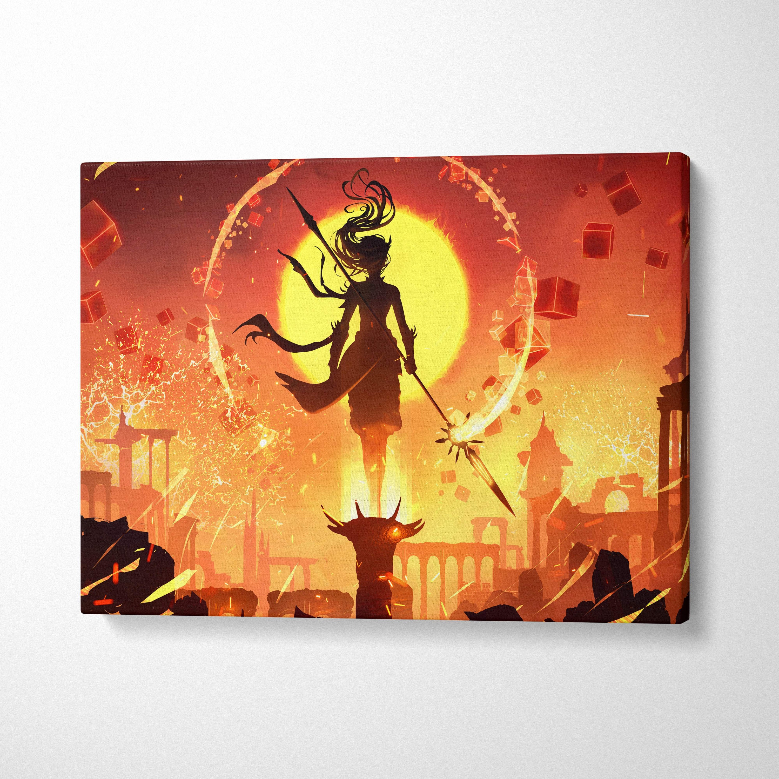 Fire sorceress canvas print featuring a vibrant orange and red fantasy warrior with spear against fiery sunset background