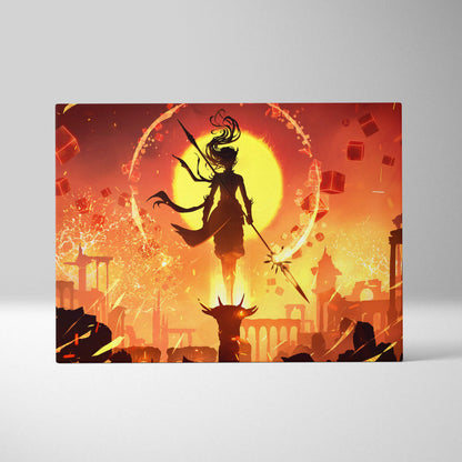 Fire sorceress rectangular canvas print featuring a warrior silhouette with spear against an orange fantasy ruins sunset background