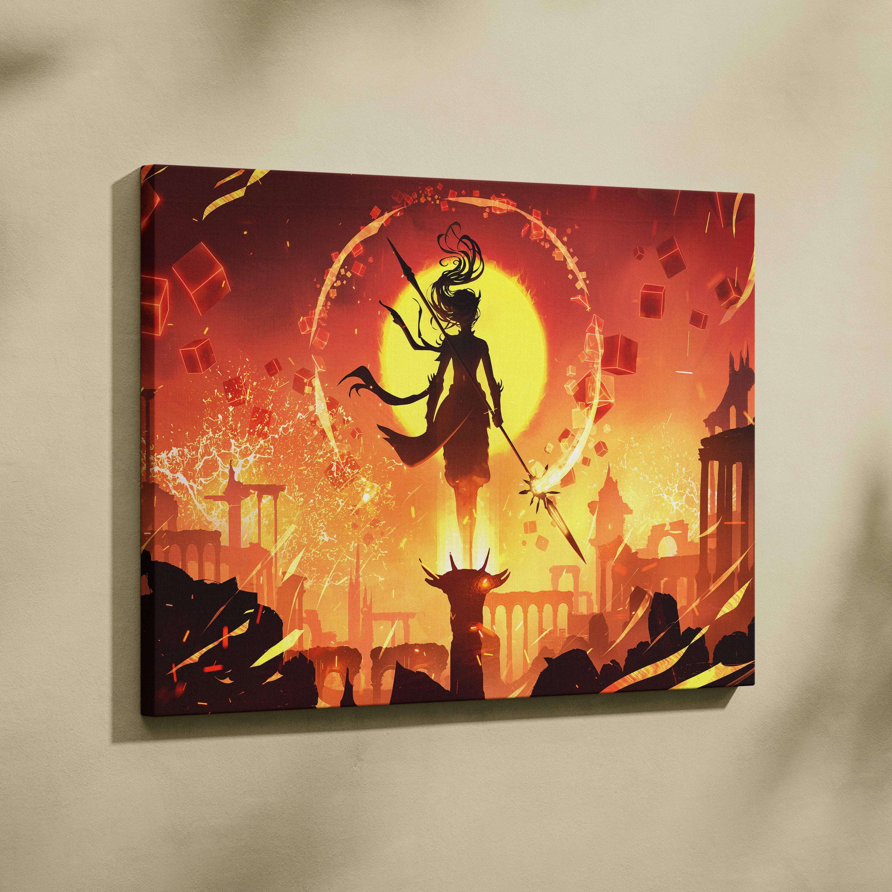 Fire sorceress canvas print in vibrant red and orange showing a warrior silhouette with floating cubes and ruins