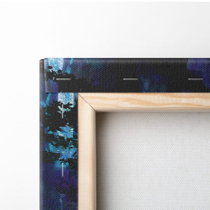 Light wood-framed enchanted forest fairy canvas art with dark blue and black abstract textured brushstrokes
