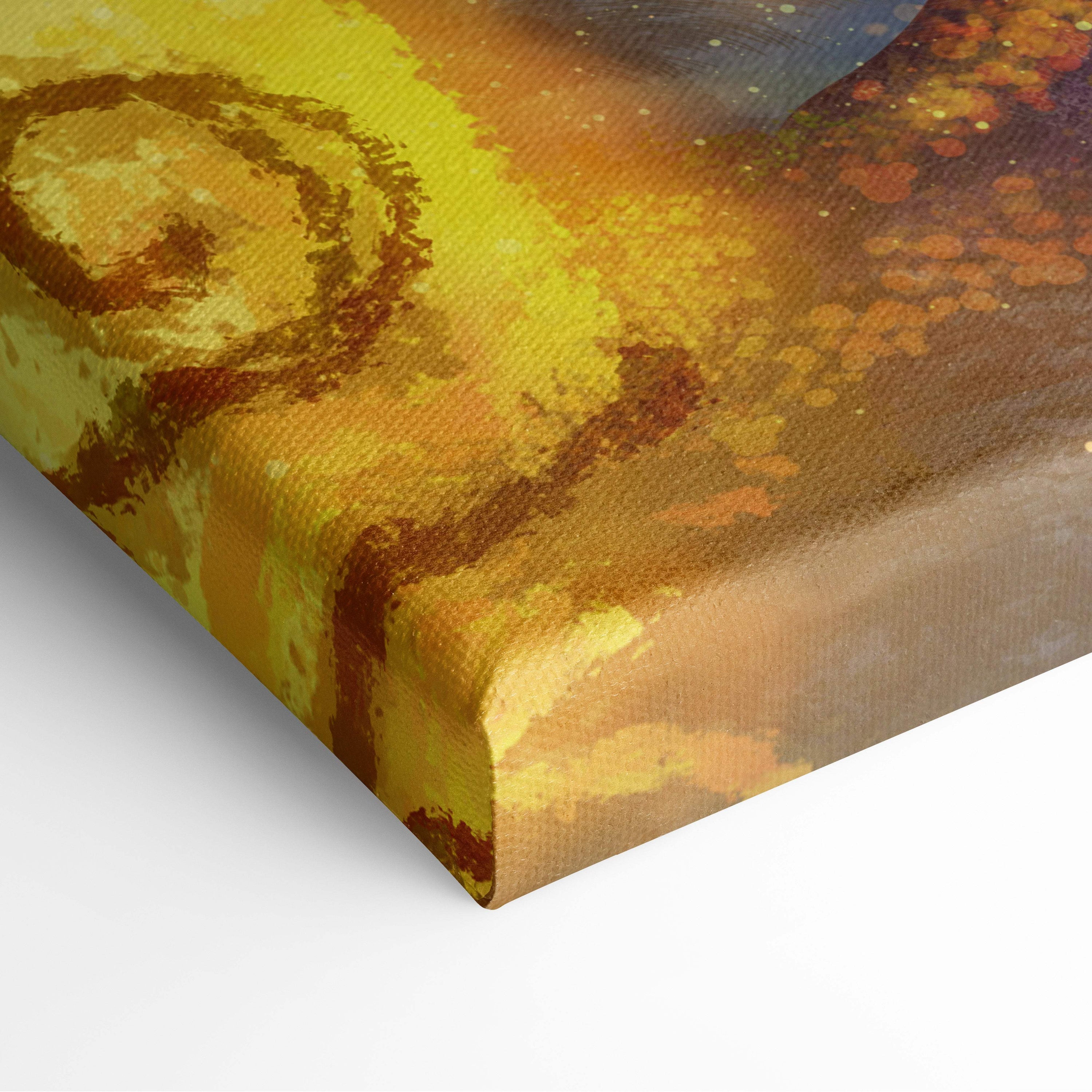 Enchanted forest fairy canvas art with swirling golden amber hues and subtle brown accents in textured abstract design