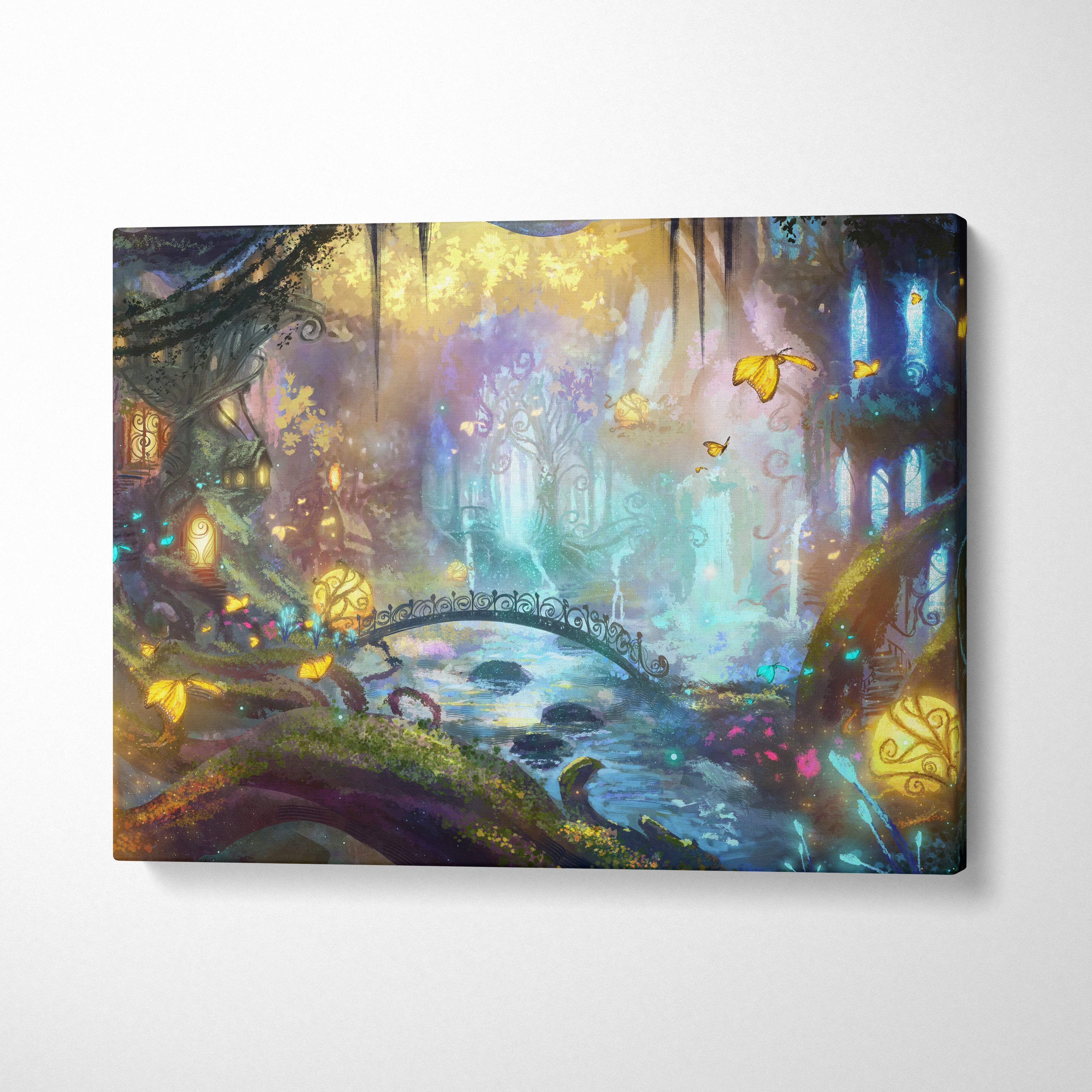 Enchanted forest fairy canvas art featuring vibrant glowing trees, a whimsical bridge, and floating yellow butterflies