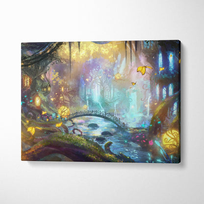 Enchanted forest fairy canvas art featuring vibrant glowing trees, a whimsical bridge, and floating yellow butterflies