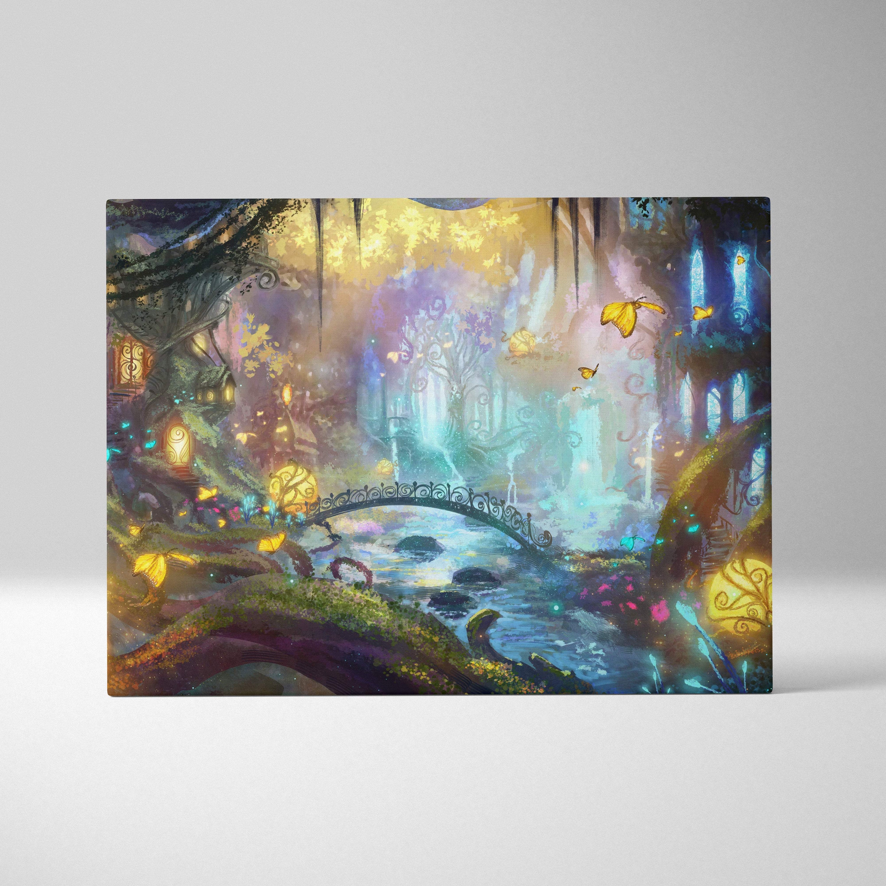 A rectangular canvas print of enchanted forest fairy art with glowing lanterns butterflies and a vibrant fantasy bridge scene