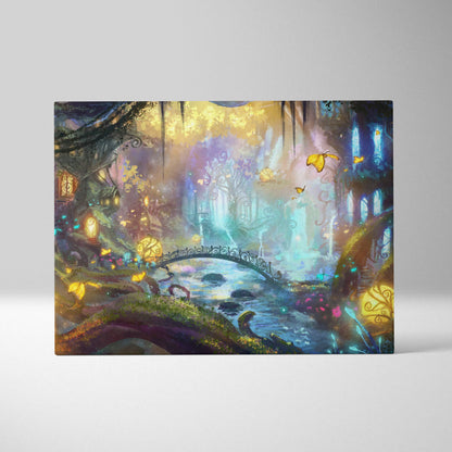 A rectangular canvas print of enchanted forest fairy art with glowing lanterns butterflies and a vibrant fantasy bridge scene