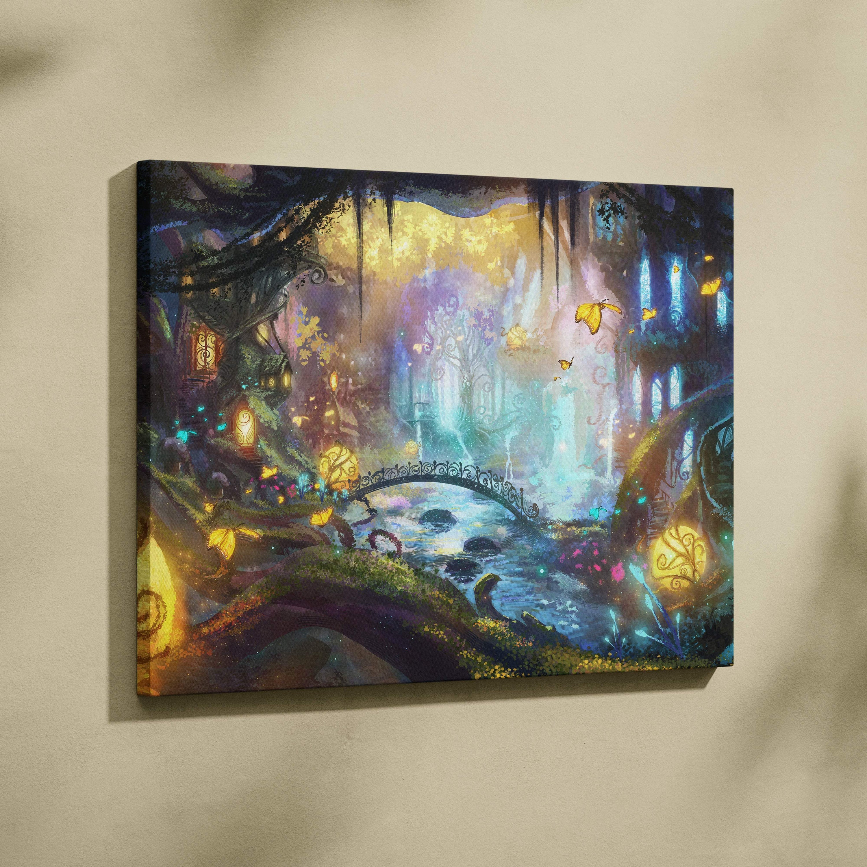 Enchanted forest fairy canvas art with glowing lanterns, luminous butterflies, and a whimsical bridge in vibrant colors